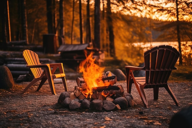 Beautiful bonfire with burning firewood near chairs and camping tent in forest Campfire