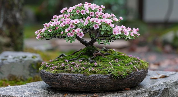 Beautiful Bonsai Tree Displayed on Stone Platform