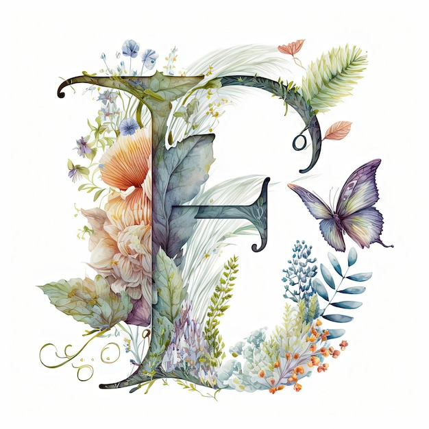 Beautiful botanical floral monogram letter F generative ai