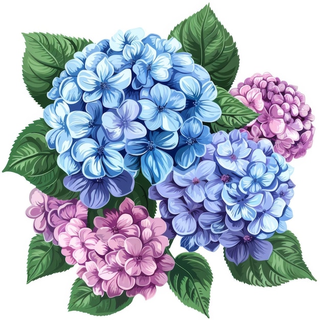 Photo a beautiful botanical illustration showing vibrant blue and pink hydrangea flowers with lush green leaves