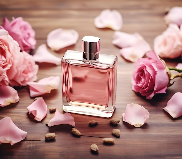 Beautiful bottle of cosmetic spray or perfume on a wood background with pink flowers