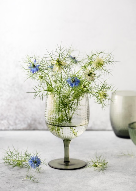 Beautiful bouquet of blue and white  love-in-a-mist or devil in the bush flower in glass wine