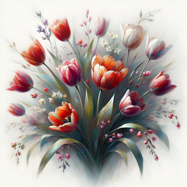 Beautiful bouquet of bright watercolor tulip flowers on a light background closeup