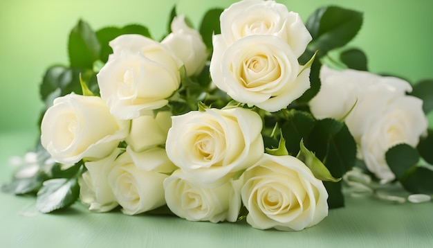 beautiful bouquet of bright white rose flowers on table with green background