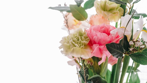 Beautiful bouquet of carnations tulips and irises on a white background light from behind copy space