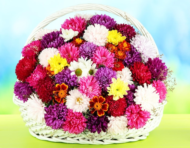 Beautiful bouquet of chrysanthemums in wicker basket on table on bright background