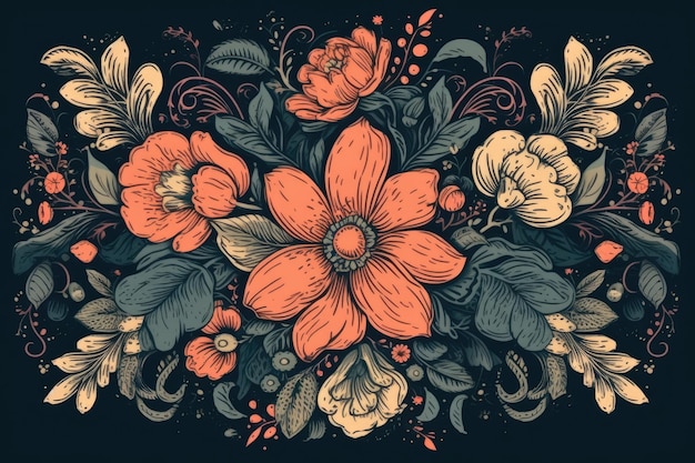 Beautiful bouquet of colorful flowers against a dark black background Generative AI