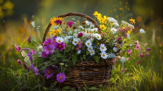 A beautiful bouquet of colorful flowers in a wicker basket The flowers are mostly daisies with some cosmos and other wildflowers