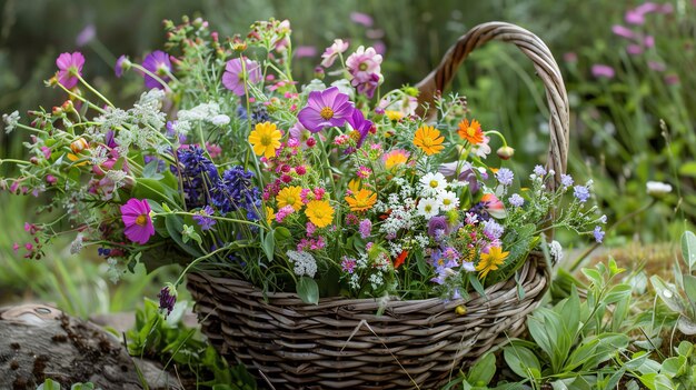 A beautiful bouquet of colorful flowers in a wicker basket The flowers are mostly pink purple and yellow with some white and blue flowers as well