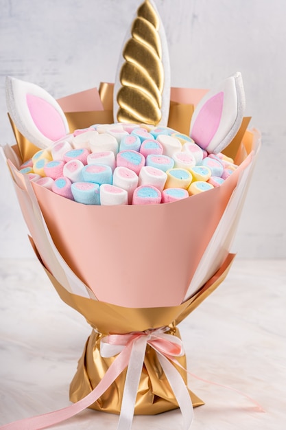 Beautiful bouquet consisting of marshmallows.