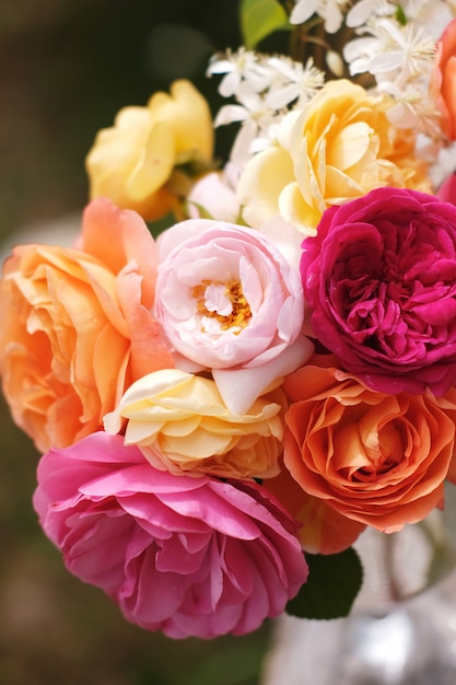 A beautiful bouquet of English roses from David Austin. Vintage Bright garden flowers for a holiday