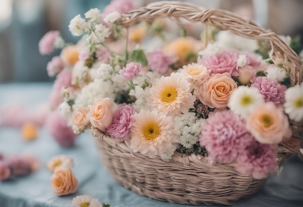 Beautiful bouquet of flowers in a wicker basket on the table