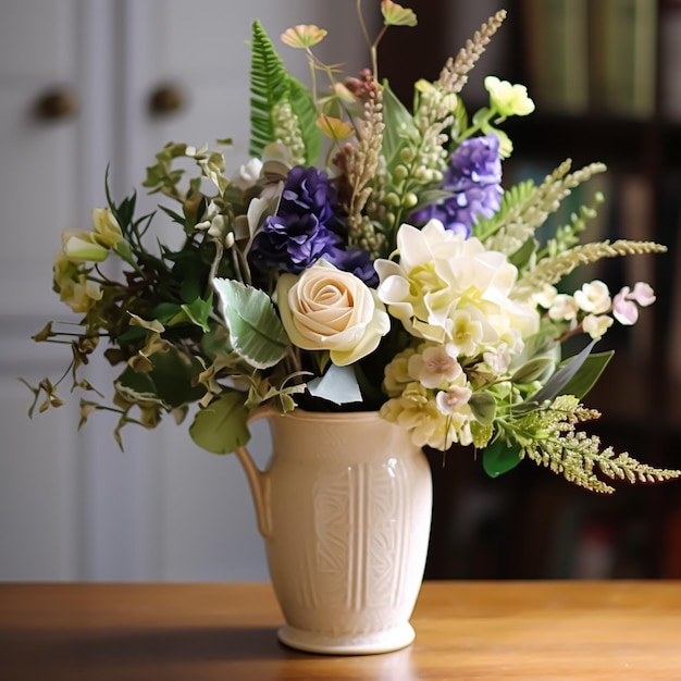 Beautiful bouquet of fresh flowers in a vintage vase country style home decor and interior design generative ai