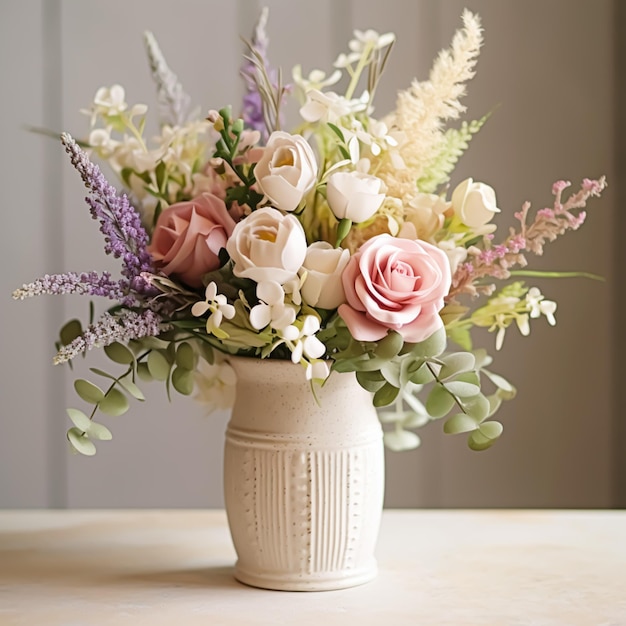 Beautiful bouquet of fresh flowers in a vintage vase country style home decor and interior design generative ai