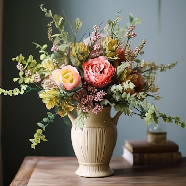 Beautiful bouquet of fresh flowers in a vintage vase country style home decor and interior design generative ai