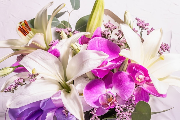 A beautiful bouquet of fresh flowers on a white background