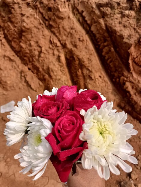 A Beautiful Bouquet Gracing the Base of a Earthy Mound