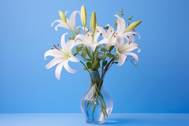 Beautiful bouquet of lily flowers in a glass vase on blue