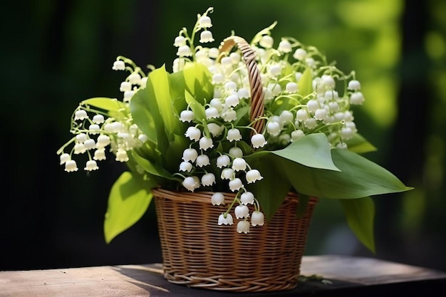 Beautiful bouquet of lily of the valley in the basket