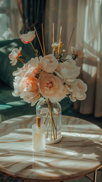 A beautiful bouquet of pink peonies in a glass vase on a coffee table near a home air freshener and reed diffuser