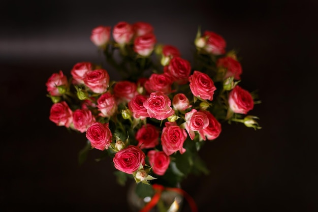 Beautiful bouquet of pink red roses bushes with water drops on a black background Selective focus closeup