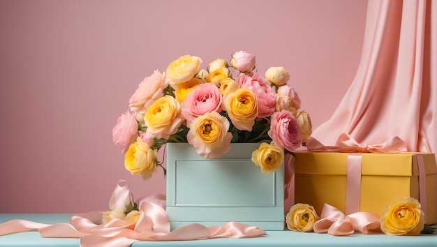 Beautiful bouquet ranunculus flowers gift box on the table