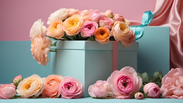 Beautiful bouquet ranunculus flowers gift box on the table