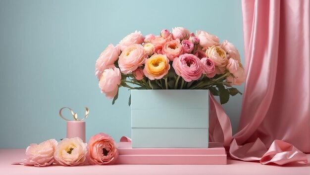 Beautiful bouquet ranunculus flowers gift box on the table