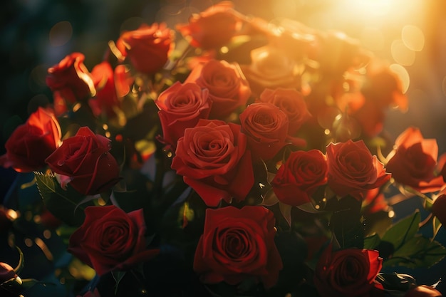 Beautiful bouquet of red roses with the sun shining in the background Perfect for romantic occasions or naturethemed projects