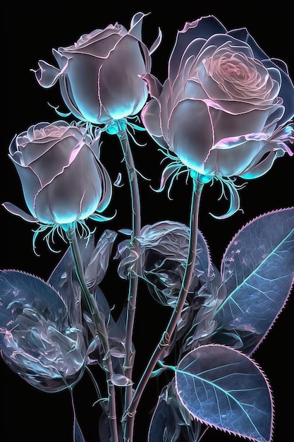 A beautiful bouquet of spectral light pink roses flowers on a dark background soft and romantic AI Generated