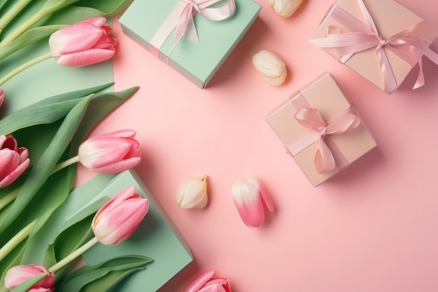 Beautiful bouquet of spring tulip flowers with a gift box on a pink background generative ai