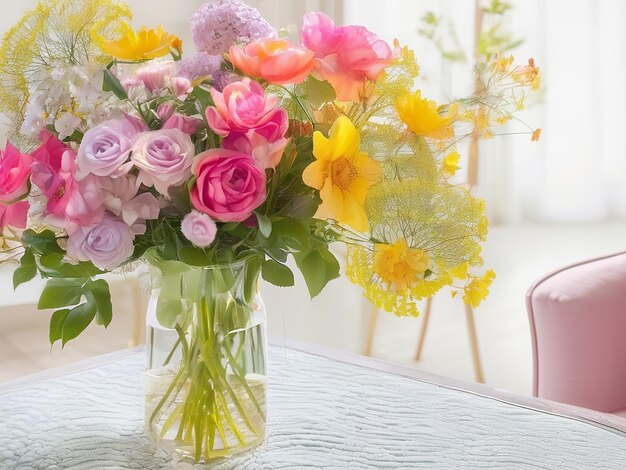 A beautiful bouquet of summer flowers in a vase Living room decoration