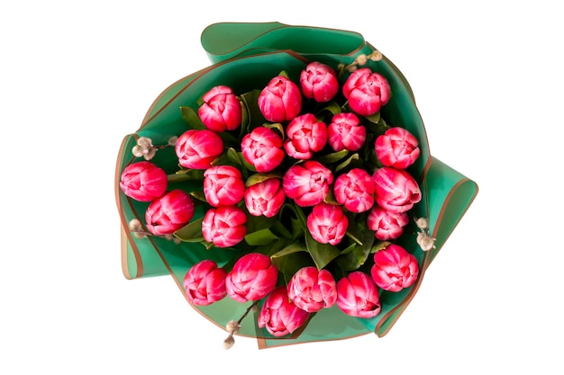 Beautiful bouquet of tulips on a white background view from above