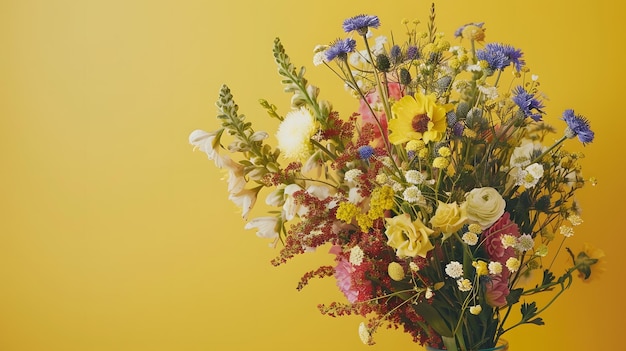 Beautiful bouquet of wild summer flowers in vase against yellow wall Generative AI