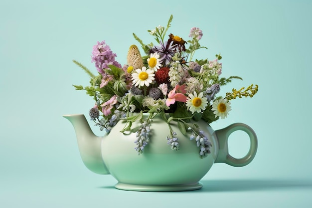 Beautiful bouquet of wildflowers in a teapot