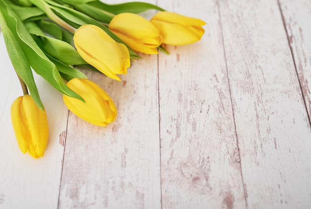 Beautiful bouquet of yellow tulips flowers as gift