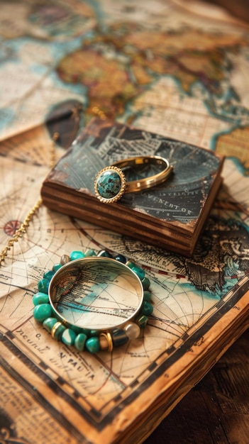 Photo a beautiful bracelet and a lovely ring are resting on top of an old map