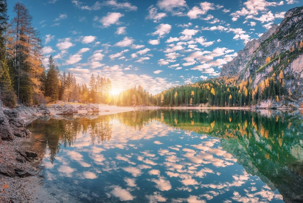 Beautiful Braies lake at sunset in autumn in Dolomites Italy