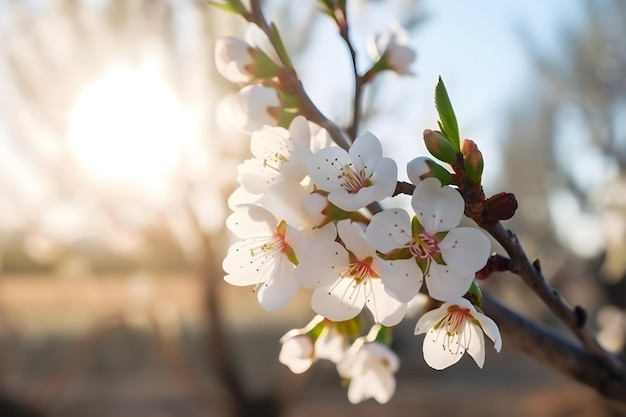 Beautiful branch of blossoming almonds in the sun Generative Ai