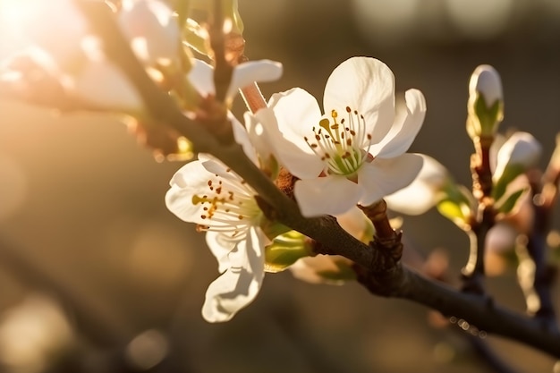 Beautiful branch of blossoming almonds in the sun Generative Ai