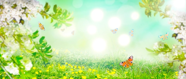 Beautiful branch of blossoming tree in spring with butterfly