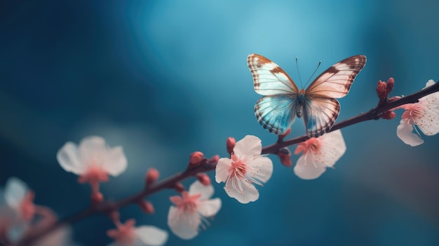 Beautiful branch of flowering apricot tree with close up butterfly with Generative AI Technology