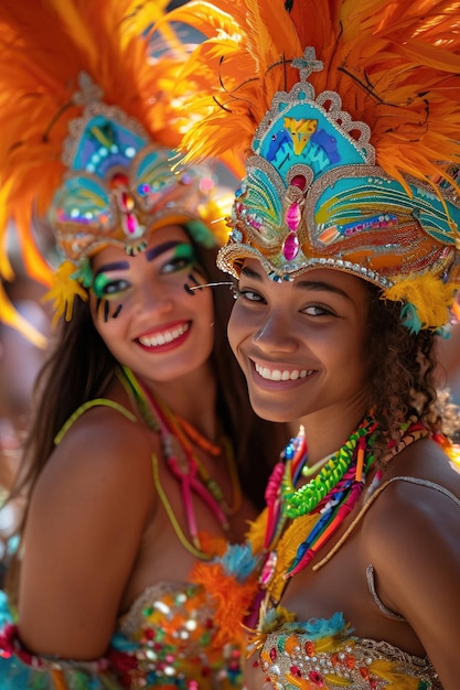 Beautiful Brazilian Samba carnival dancers wearing colorful feathers costume Street parade in city