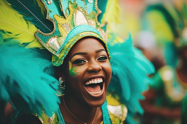 Beautiful Brazilian woman wearing colorful Carnival costume Samba dancer in Rio