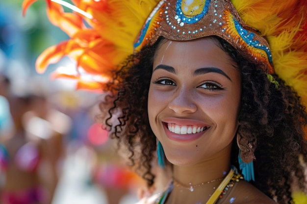 Beautiful Brazilian woman wearing colorful Carnival costume Samba dancer in Rio