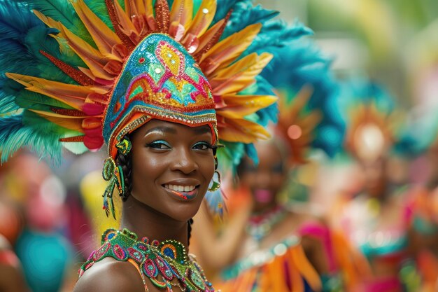 Beautiful Brazilian woman wearing colorful Carnival costume Samba dancer in Rio