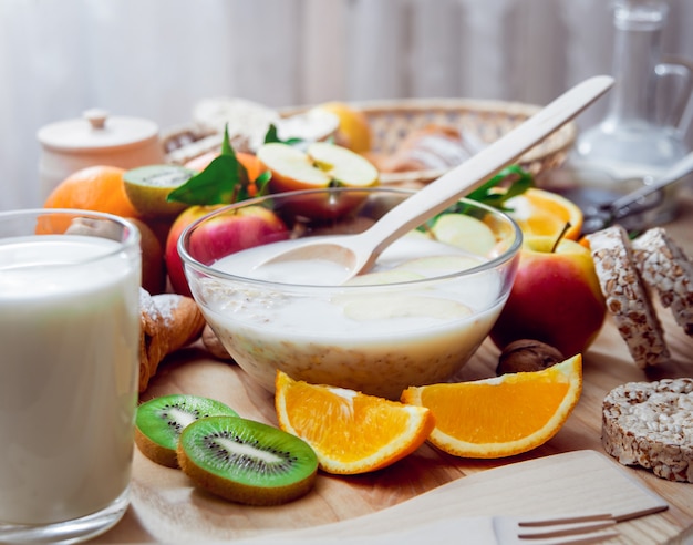 Beautiful breakfast Milk fruits, bread and croissant