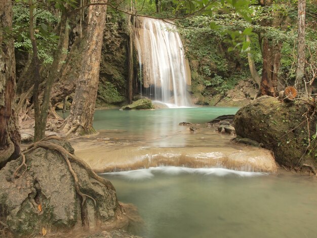 Beautiful and breathtaking green waterfall, Erawan Waterfall  at Kanchanaburi, Thailand