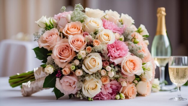 Beautiful bridal bouquet glass of champagne