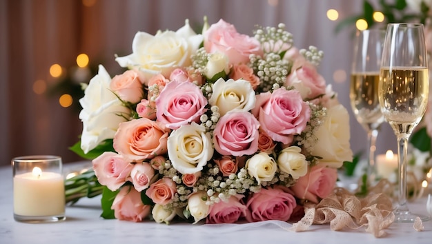 Beautiful bridal bouquet glass of champagne